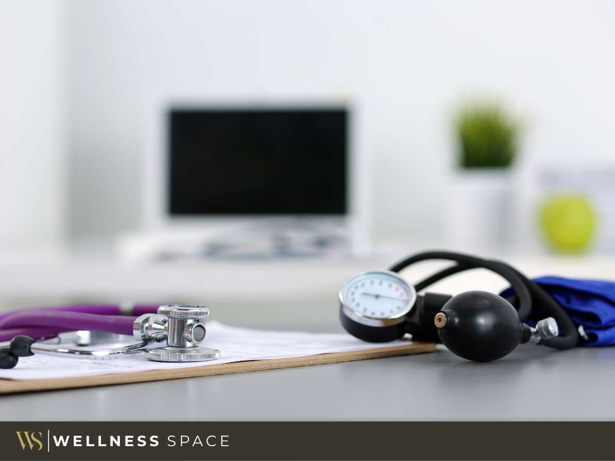 Modern Medical Practice Location with stethoscope, blood pressure cuff, and computer desk setup